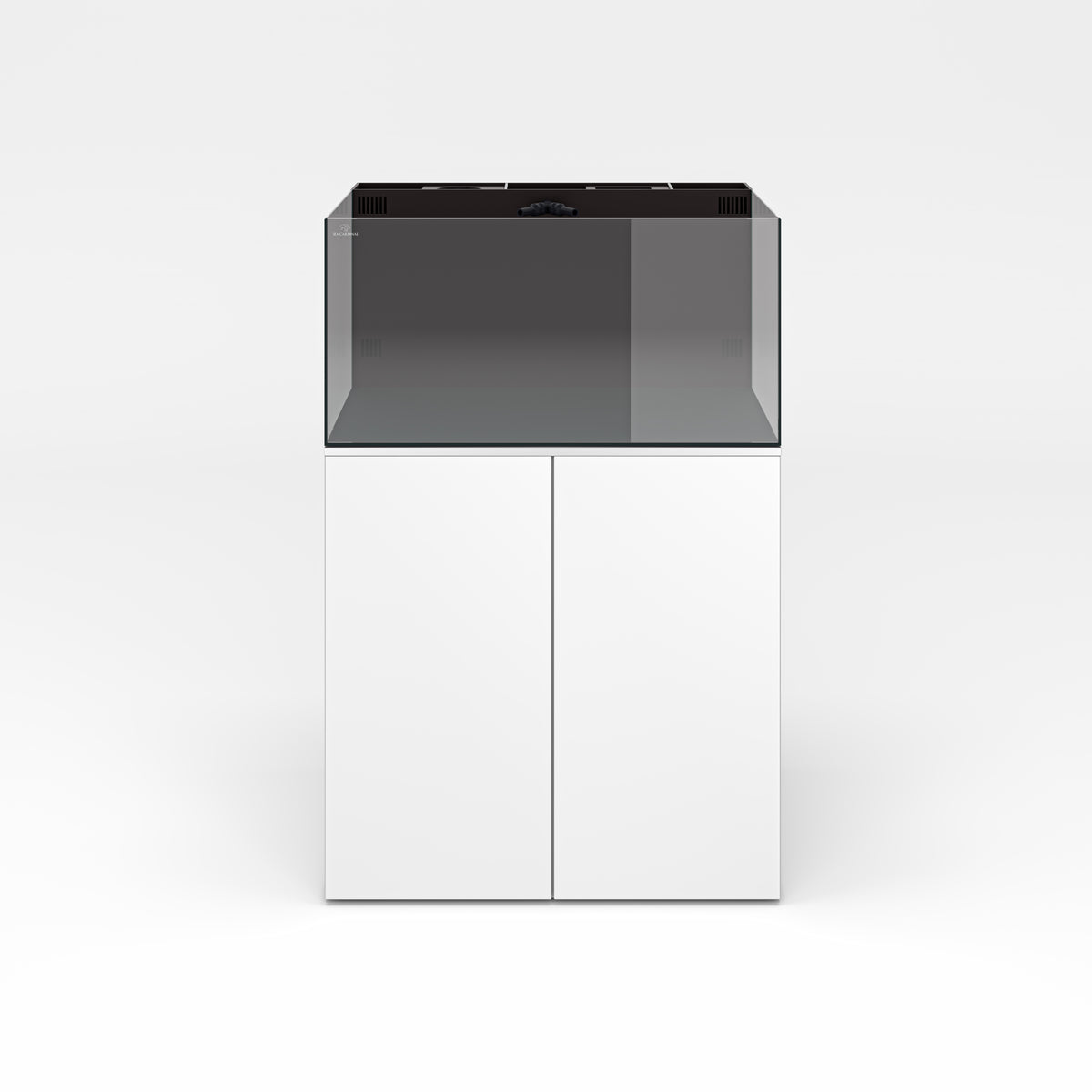 Turnkey Reef Ready 50-gallon AIO saltwater aquarium with white cabinet stand, front view