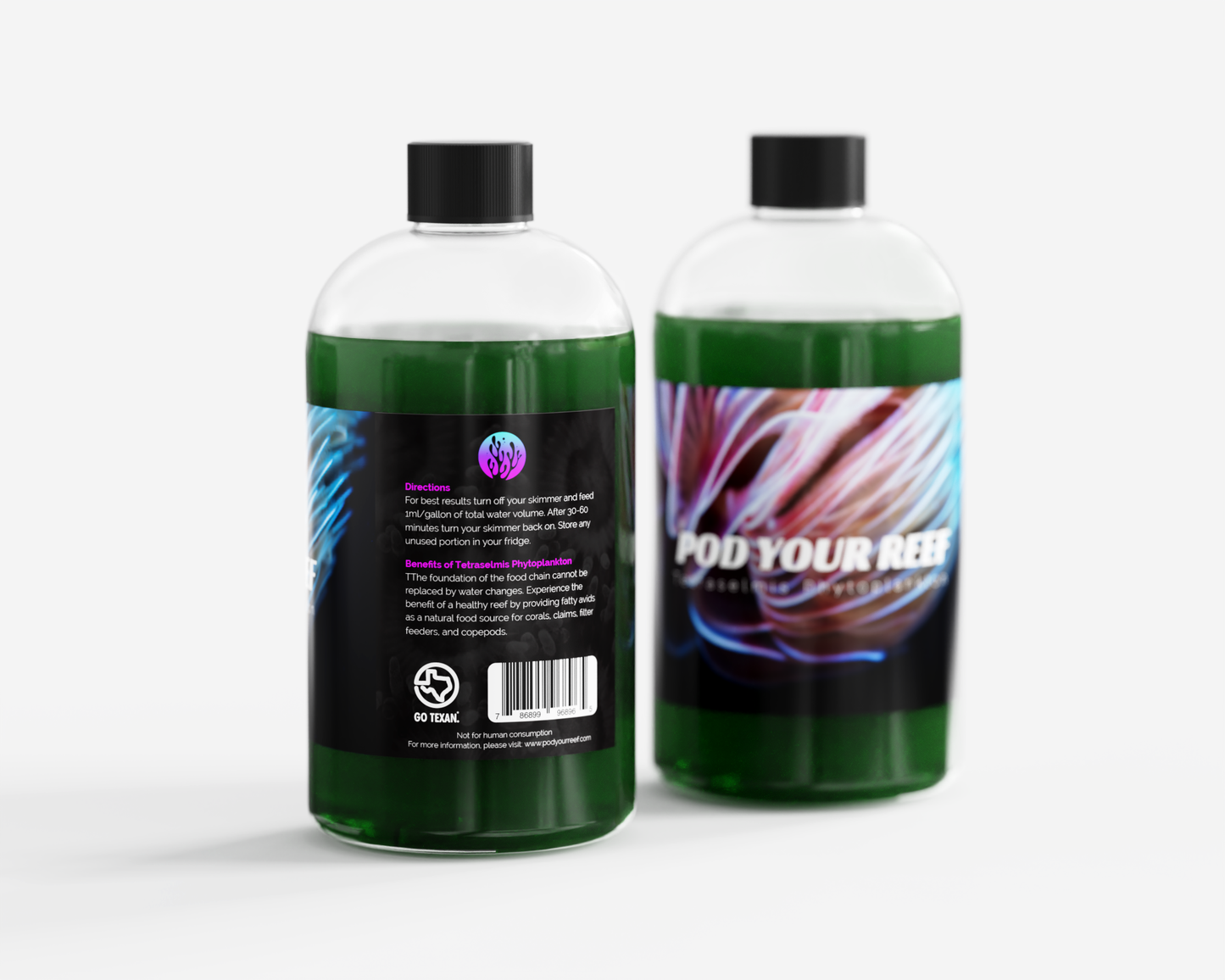 Two bottles of 'Pod Your Reef' product on a white background