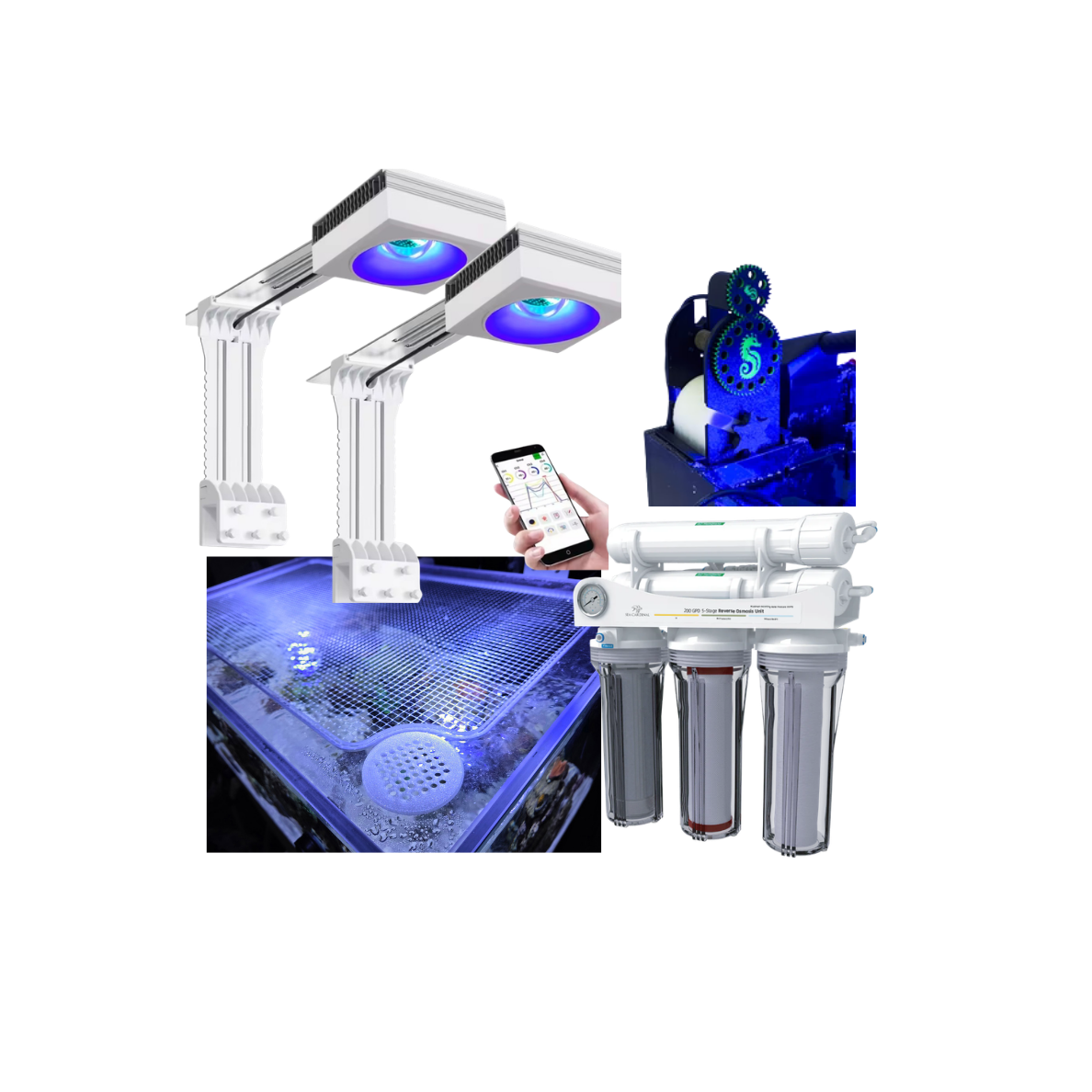 A collage showing a clear acrylic aquarium lighting and filter kit, including two adjustable LED light heads, a smartphone app screen, a lit aquarium view, and three cylindrical filter cartridges on a plain white background.