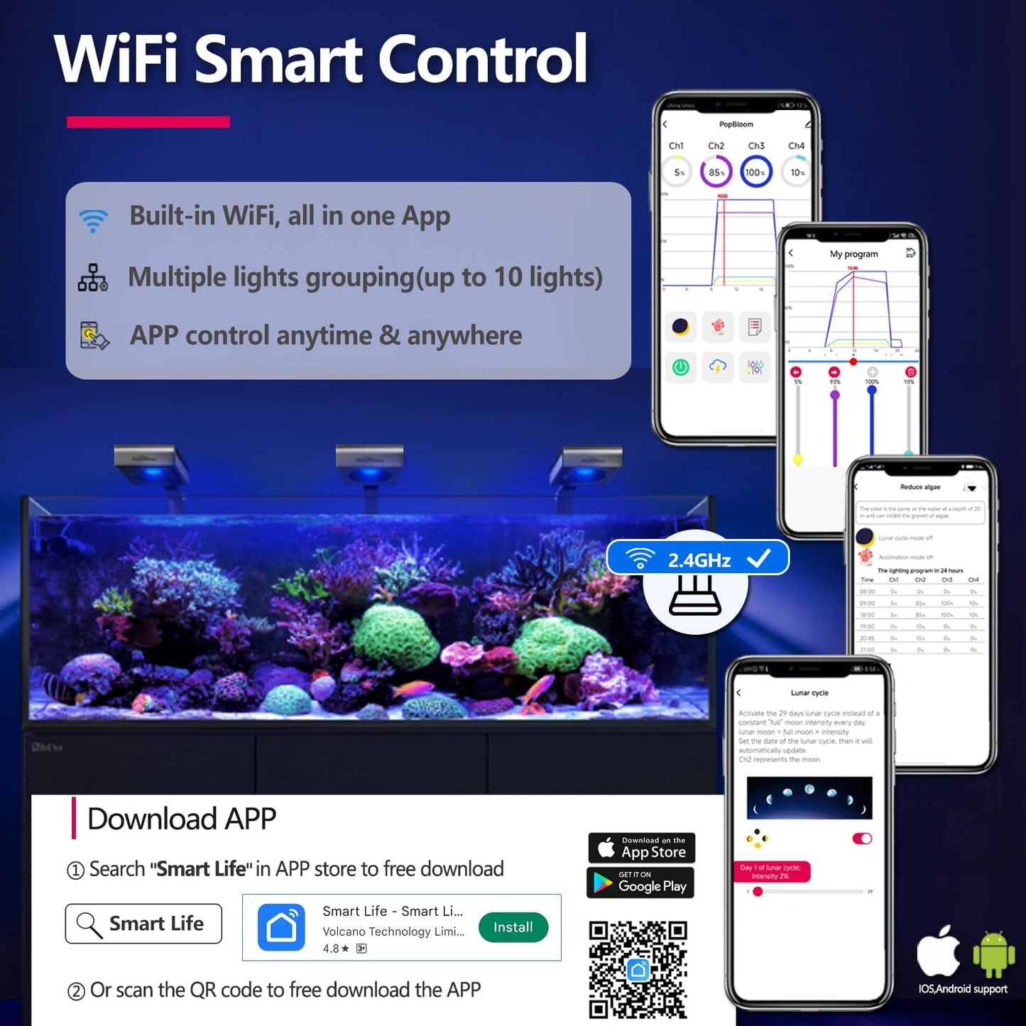 WiFi Smart Control system for Saltwater aquariums with smartphone app interface and aquarium setup.
