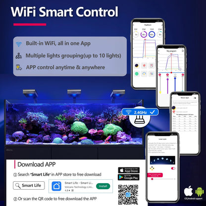 WiFi Smart Control system for Saltwater aquariums with smartphone app interface and aquarium setup.
